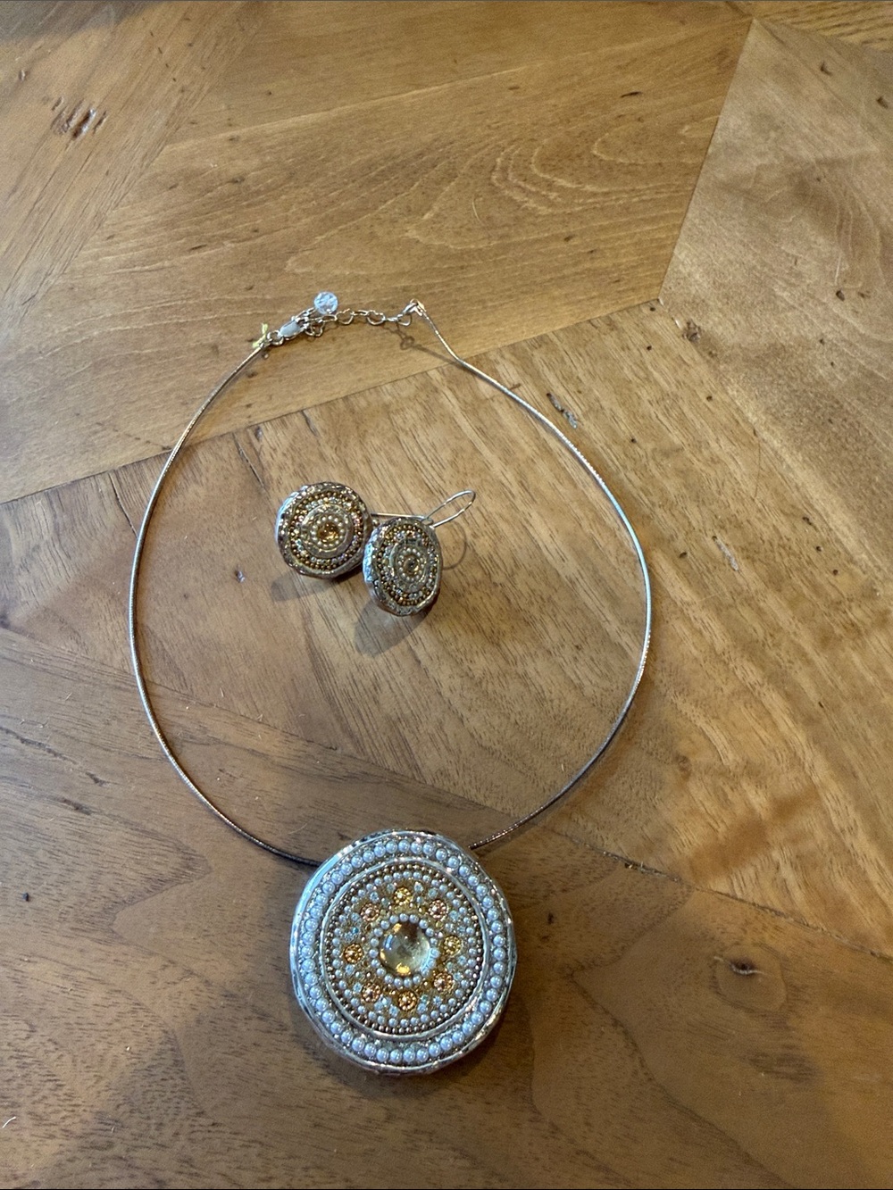 Handcrafted Gold & Silver Beaded Pendant Necklace and Earring Set